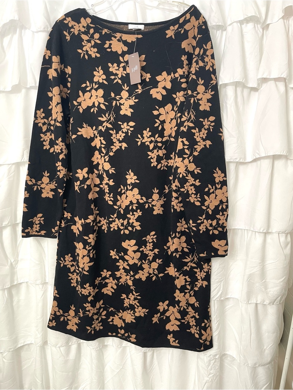 J. Jill Black Knit Long-Sleeve Dress with Tan Floral Motif NWT